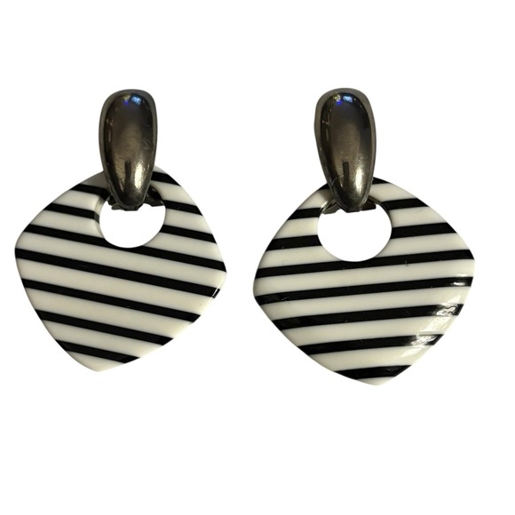 Black And White Striped Dangle Earrings VTG Geometric Drop Acrylic 80s Pierced - Picture 10 of 12